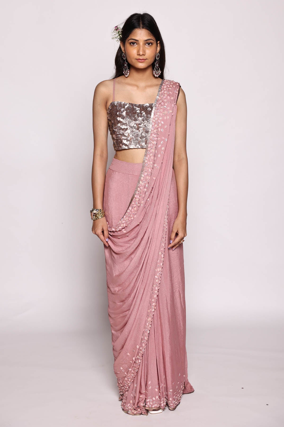 Mauve Sequins Pre Drape Saree Set at ScrollnShops